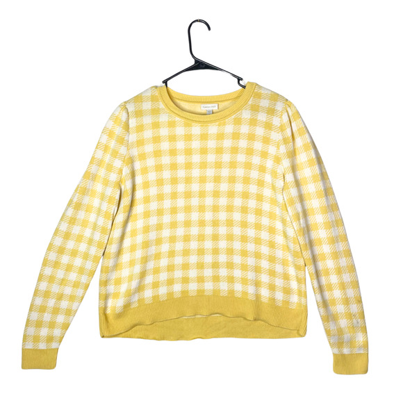 Garnet Hill Womens Sweater Medium Butter Yellow Checkered Knit Pima Cotton Peru - Picture 1 of 13